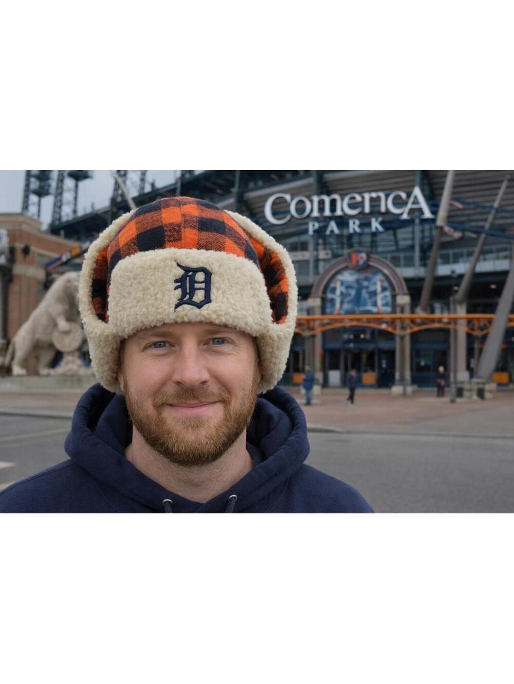 Vtg Detroit Tigers Hat Cap Trapper Winter Orange MLB Baseball Fox Sports